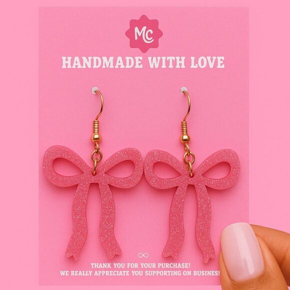 Pink Glitter Bow Earrings — Cute Girly Statement Dangles - Picture 3 of 4